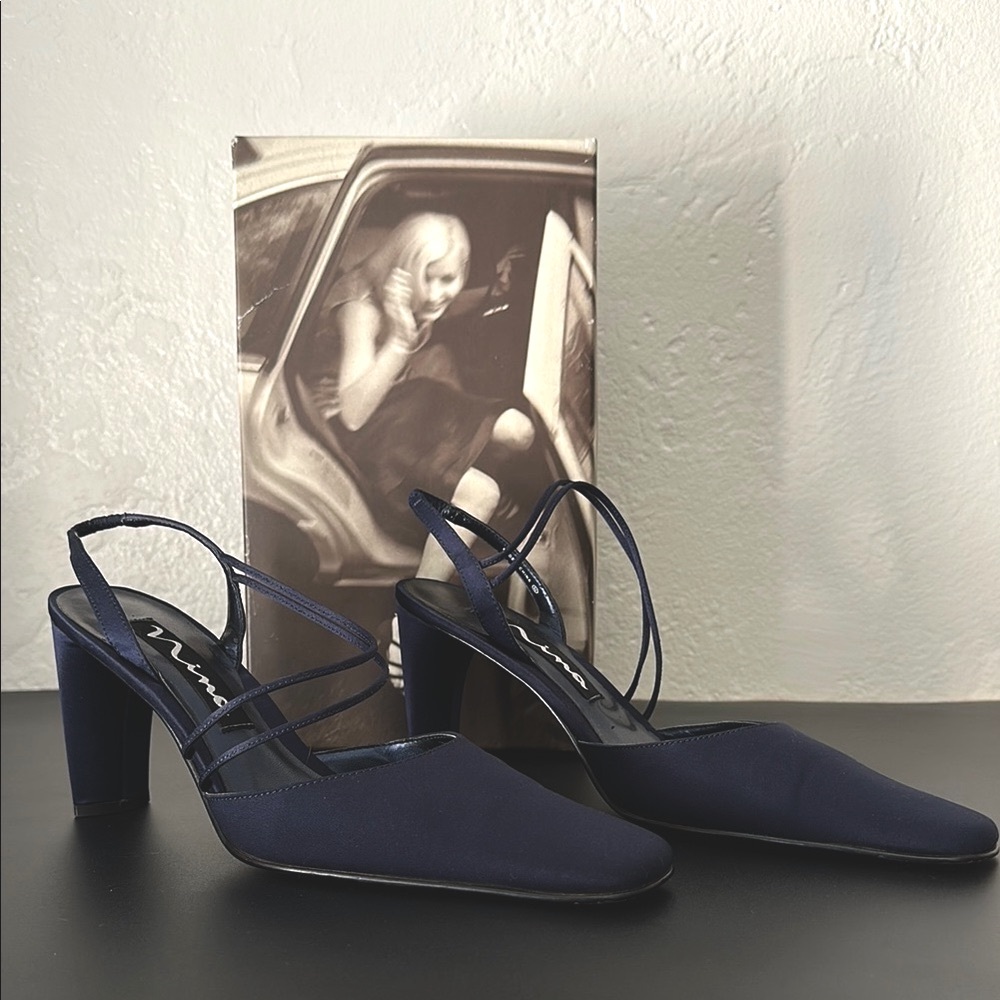 Nina 1990’s vintage navy Blue fabric Slingback Heels Elegant Design